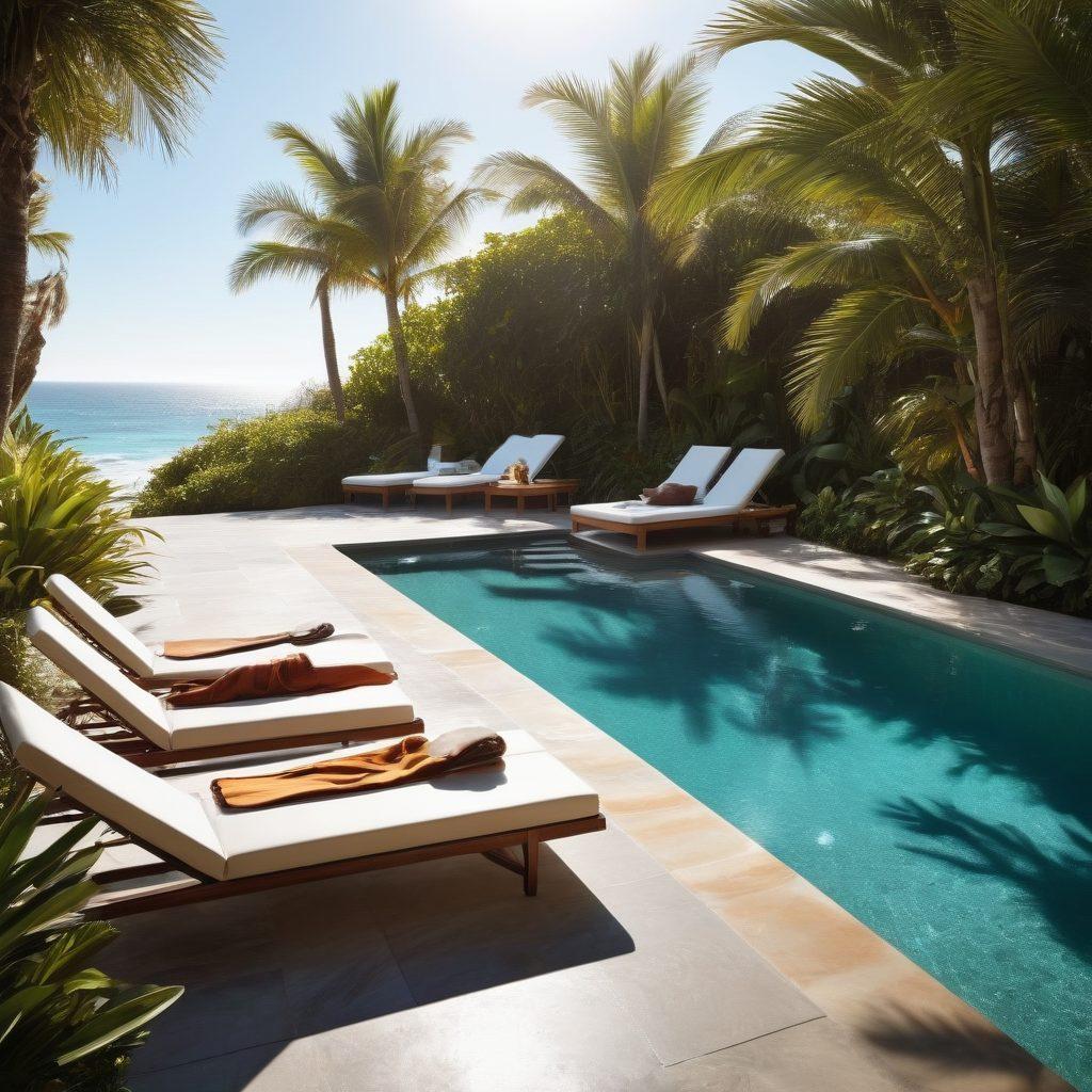 A stunning beach scene transitioning to a luxurious poolside atmosphere, featuring diverse models showcasing various minimalist and stylish thong bikinis. The background should blend shimmering waves with a modern pool setting, adorned with sleek lounge chairs and tropical plants. Soft sunlight casts an inviting glow, enhancing the chic vibe. Include elements of elegance, sophistication, and a sense of relaxation. vibrant colors. super-realistic.